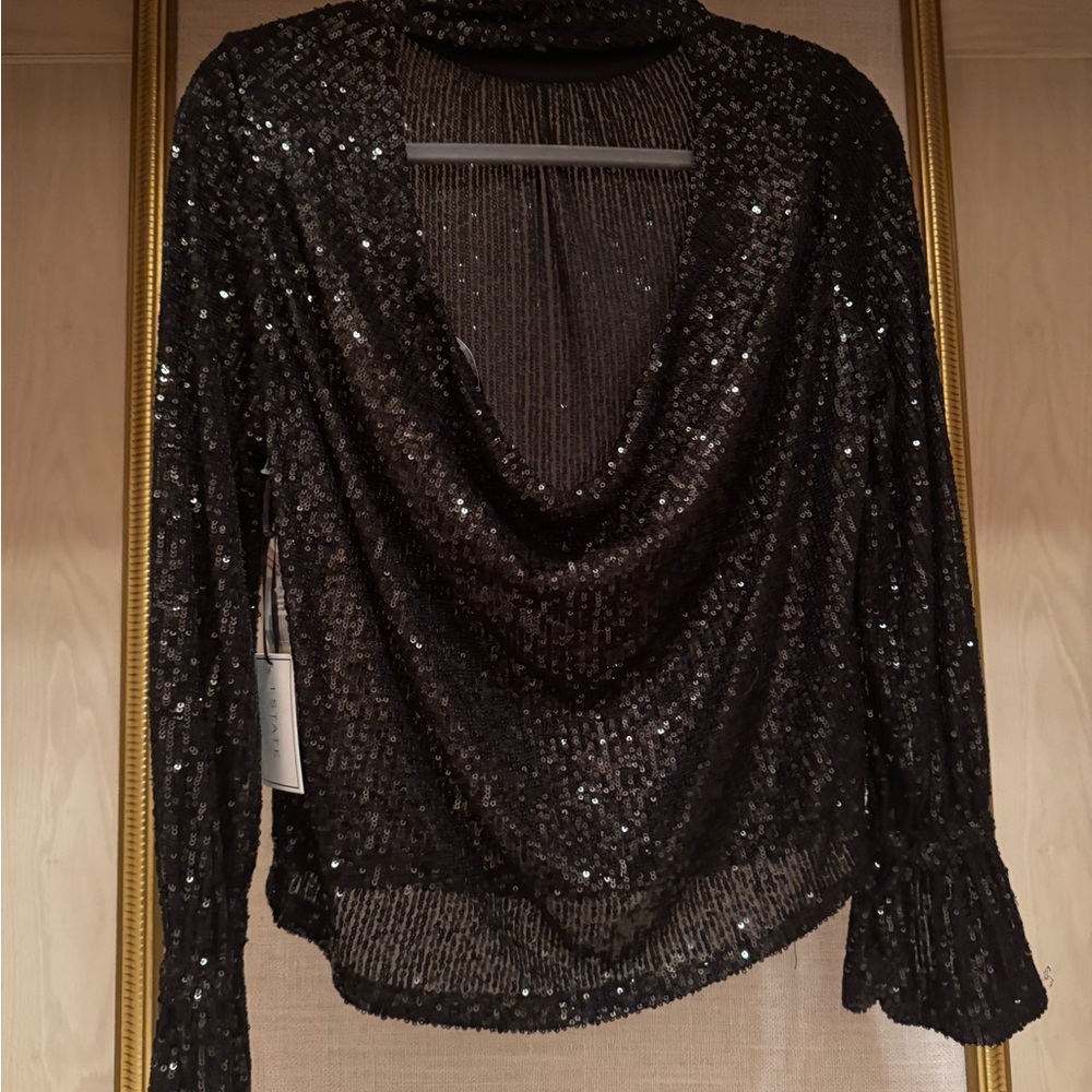 Black Sequin Ruffled Long Sleeve Blouse